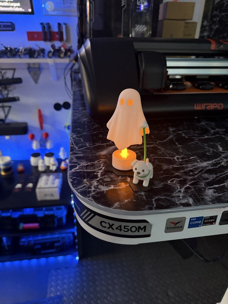 Ghost holding a glowing candle with a puppy on a leash