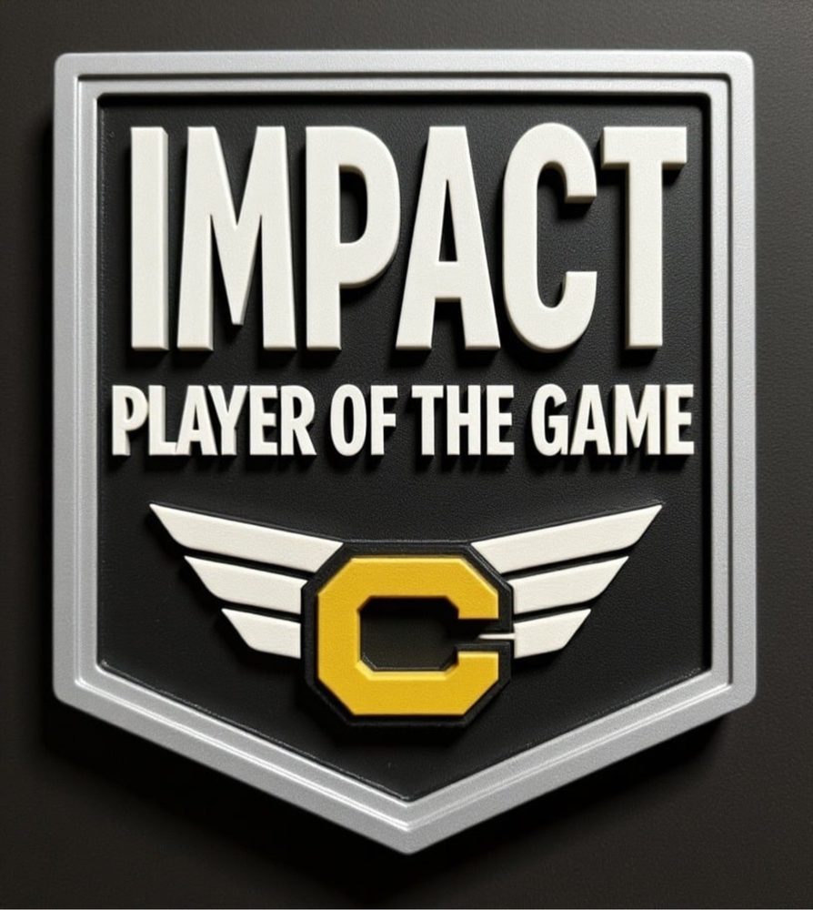 Impact Player of the Game badge photographed against a dark background